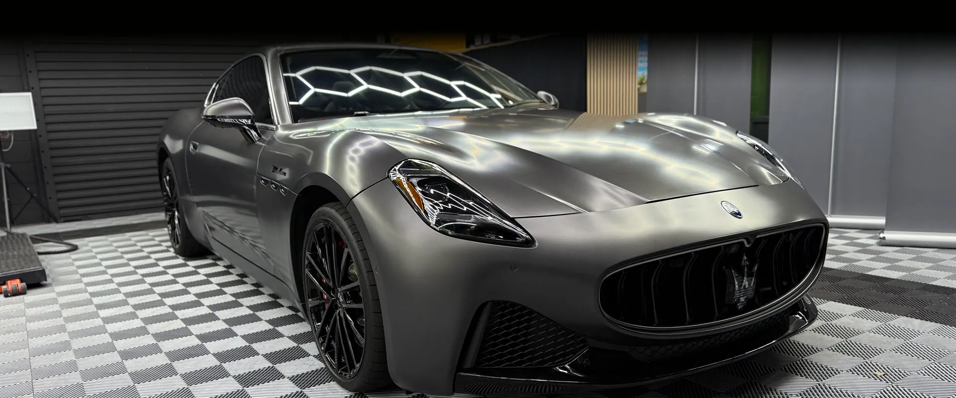 Matte grey Maserati GranTurismo with stealth PPF